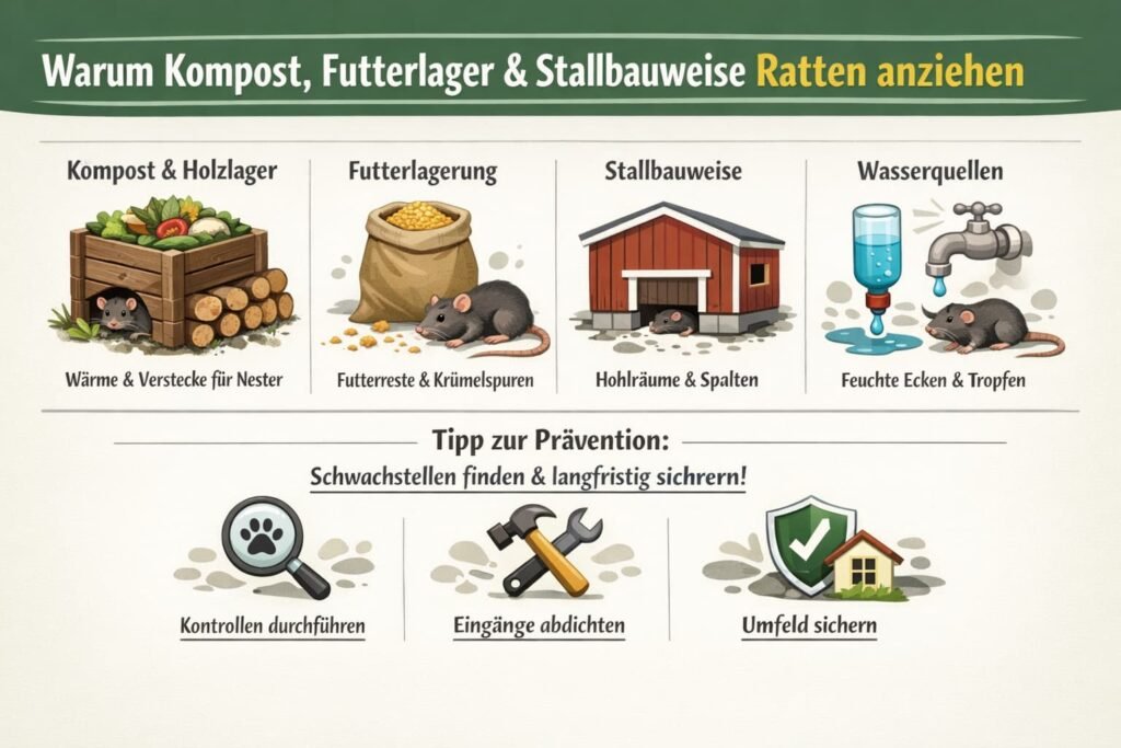 Ursachenanalyse: Warum Kompost, Futterlager und Stallbauweise Ratten besonders anziehen