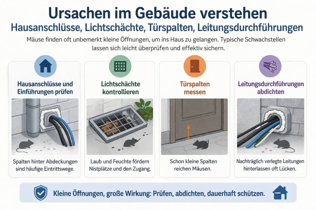 Ursachen im Gebäude verstehen: Hausanschlüsse, Lichtschächte, Türspalten, Leitungsdurchführungen