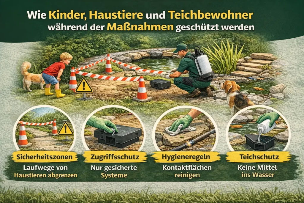 Wie Kinder, Haustiere und Teichbewohner während der Maßnahmen geschützt werden