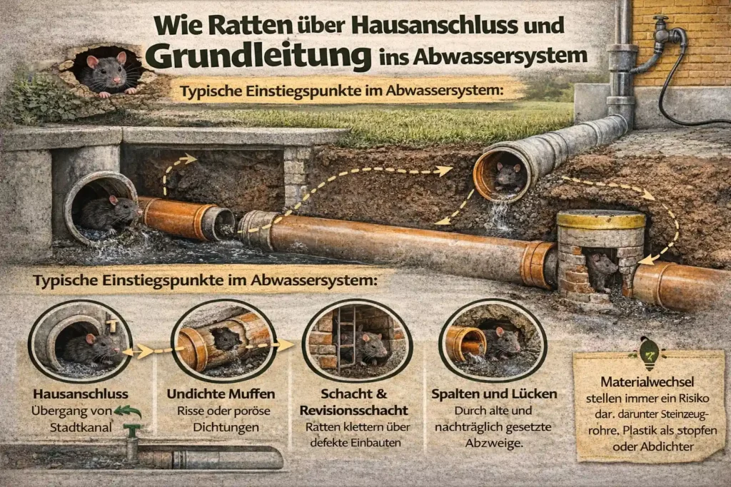 Wie Ratten über Hausanschluss und Grundleitung ins Abwassersystem gelangen