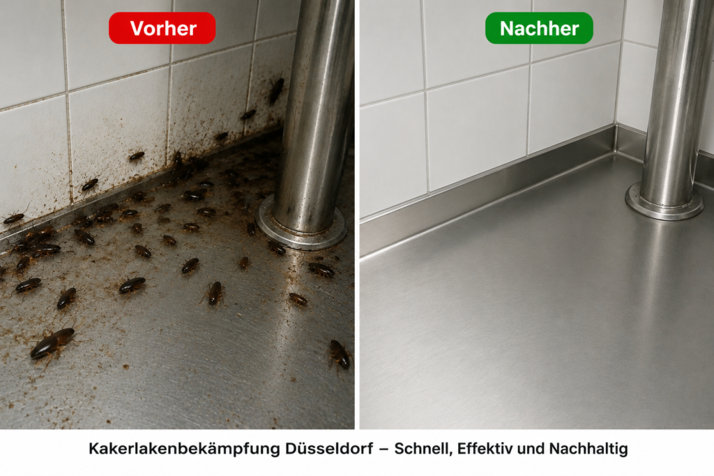 Vorher-Nachher-Bild einer professionellen Kakerlakenbekämpfung in Düsseldorf mit starkem Kakerlakenbefall vor der Behandlung und sauberem, schädlingsfreiem Bereich nach der Bekämpfung.