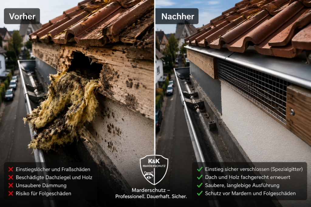 Vorher-Nachher-Vergleich einer Marderabwehr am Dach in Düsseldorf: Beschädigte Dämmung und Eingangsloch vs. professionelle Abdichtung mit Spezialgitter gegen Marder.