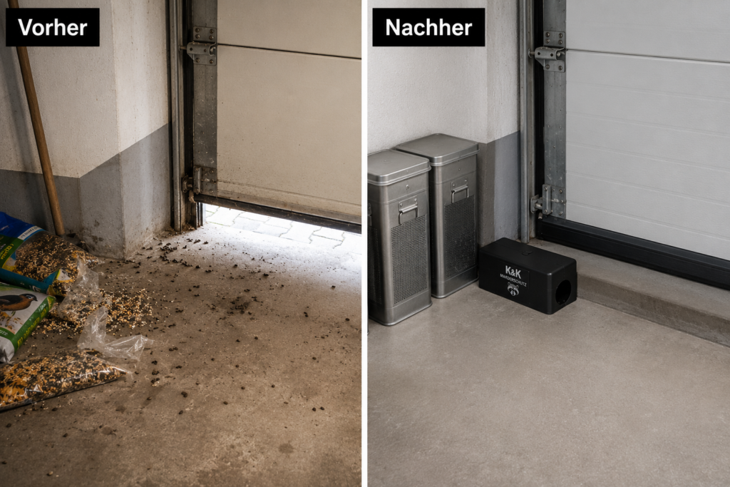 Rattenbekämpfung Düsseldorf Vorher-Nachher-Vergleich: Befallener Keller mit Kotspuren vs. professionell sanierter Bereich mit Köderstationen.