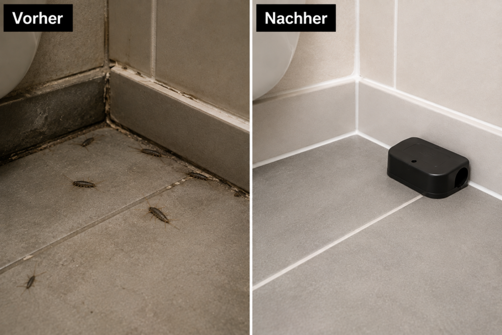 Silberfischbekämpfung Düsseldorf Vorher-Nachher-Vergleich: Befallene Badezimmerecke mit Silberfischen vs. gereinigter Bereich mit erneuerten Fugen und Köderbox.