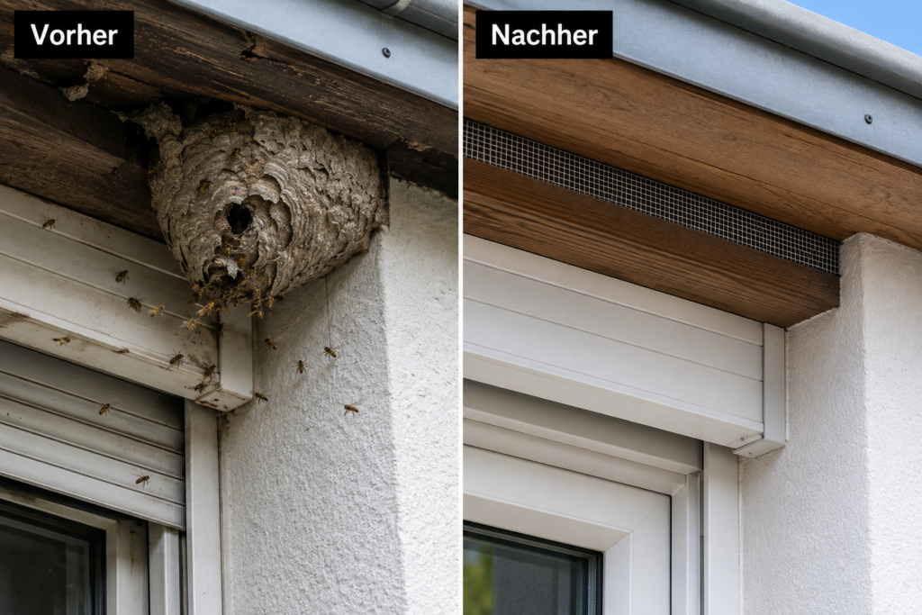 Wespenbekämpfung Düsseldorf Vorher-Nachher-Vergleich: Großes Wespennest am Dachüberstand vs. komplett entfernter Bereich mit verbautem Schutzgitter.