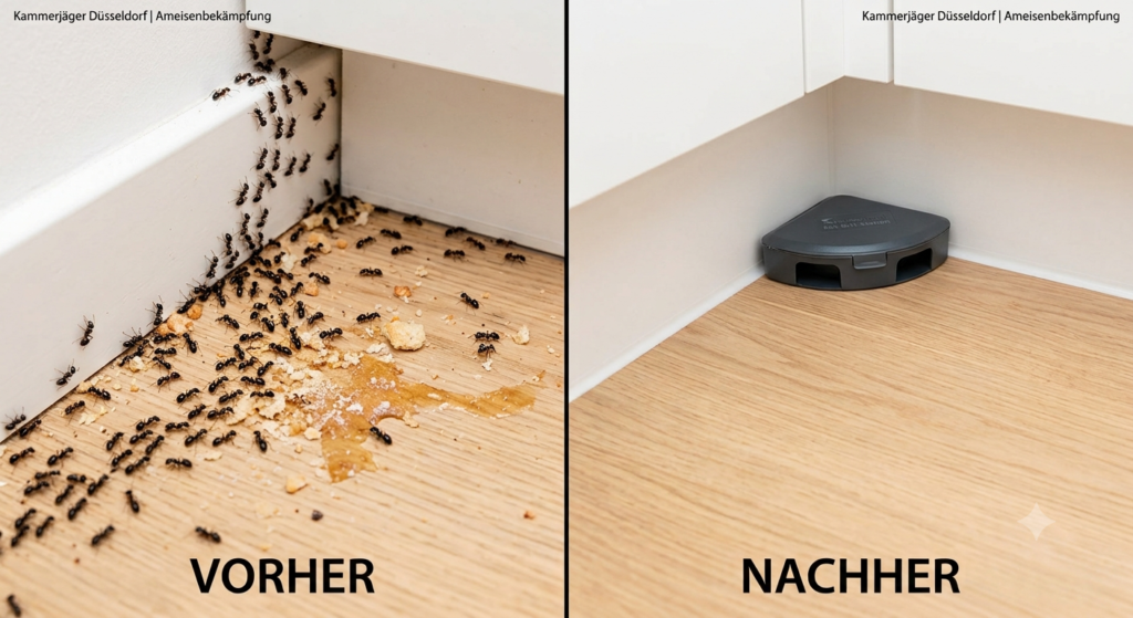 Vergleichsbild: Starker Ameisenbefall auf Küchenboden (links) und ameisenfreie, saubere Küche nach professioneller Bekämpfung (rechts).