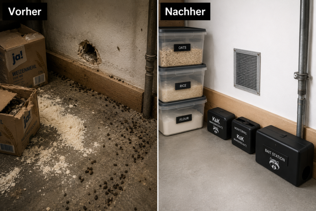 Vorher-Nachher-Vergleich einer Mäusebekämpfung im Keller in Düsseldorf: Befallene Vorräte und Kotspuren vs. professionell abgedichtete Wand und Köderstationen.