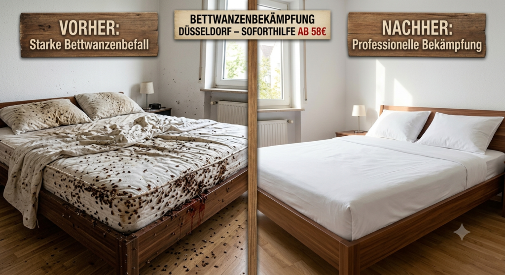 Vorher-Nachher-Vergleich eines Schlafzimmers: Starker Bettwanzenbefall auf der Matratze links und ein hygienisch sauberes Bett nach der professionellen Bettwanzenbekämpfung Düsseldorf rechts.